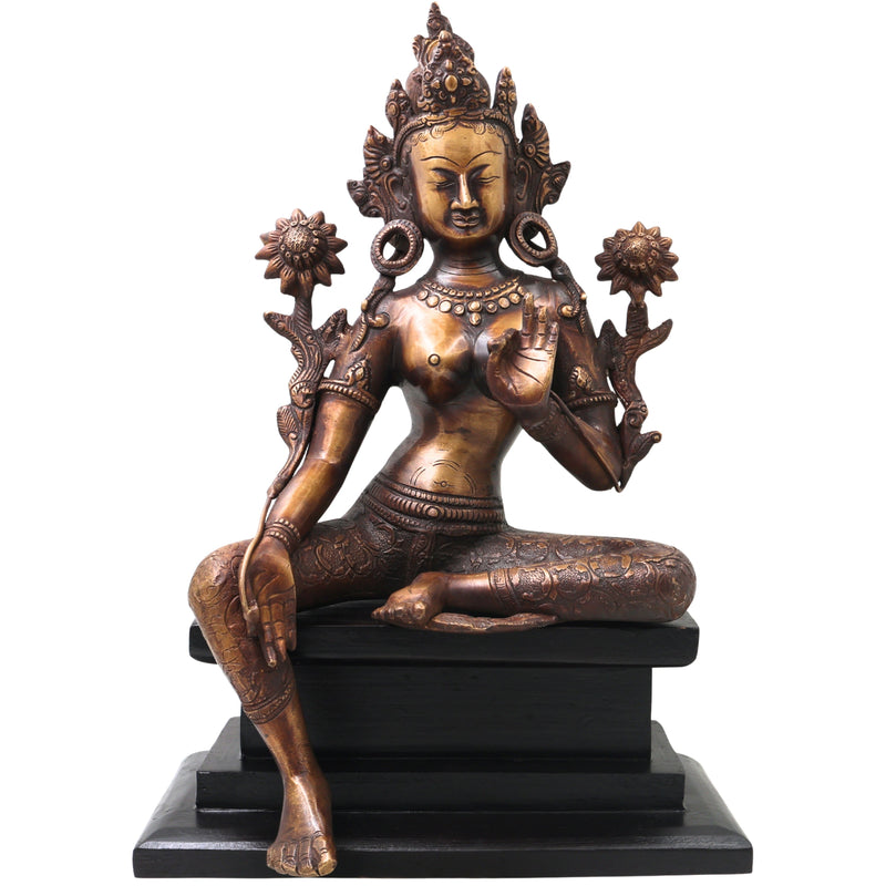 Brass Tara Devi Idol on Wooden Stand, Mahavidya Goddess Murti for Pooja, Decor, Gifting, Handcrafted Chola Art, Gold, 17 Inch, 1 Piece