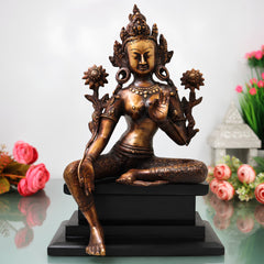 Brass Tara Devi Idol on Wooden Stand, Mahavidya Goddess Murti for Pooja, Decor, Gifting, Handcrafted Chola Art, Gold, 17 Inch, 1 Piece