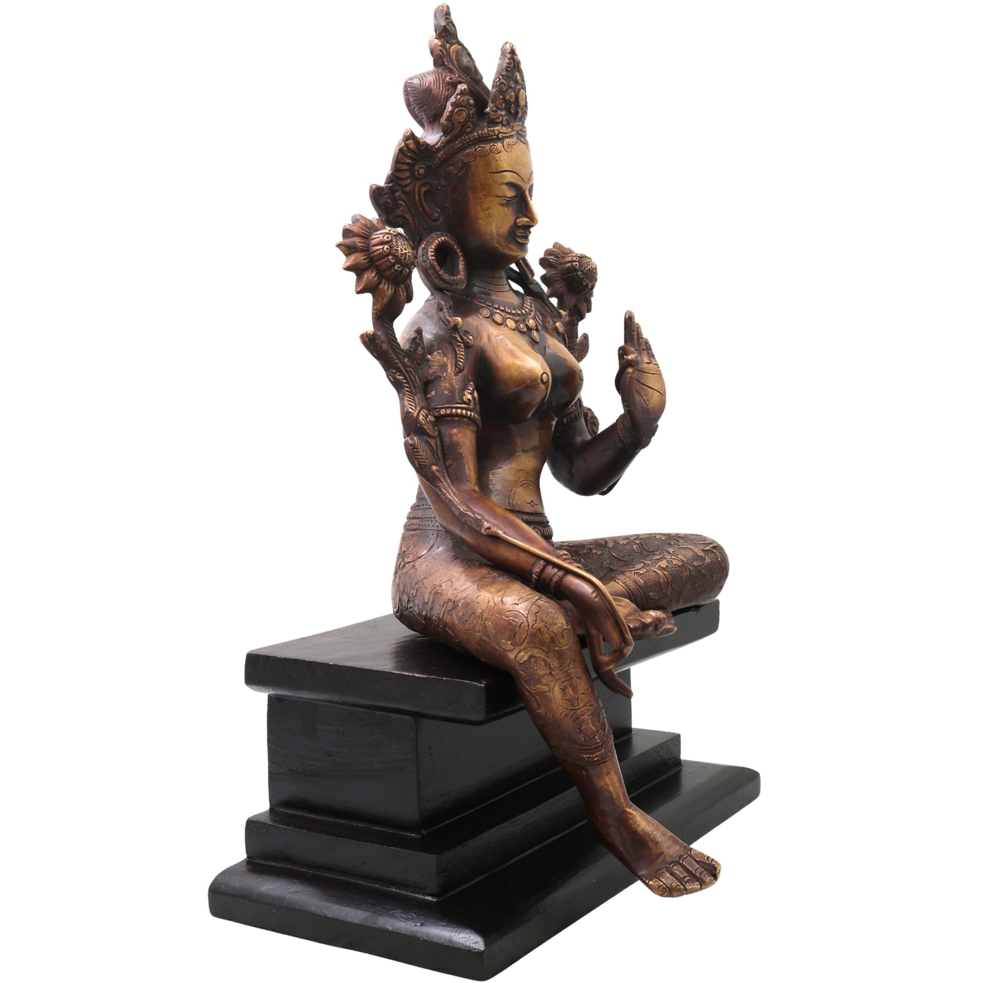 Brass Tara Devi Idol on Wooden Stand, Mahavidya Goddess Murti for Pooja, Decor, Gifting, Handcrafted Chola Art, Gold, 17 Inch, 1 Piece