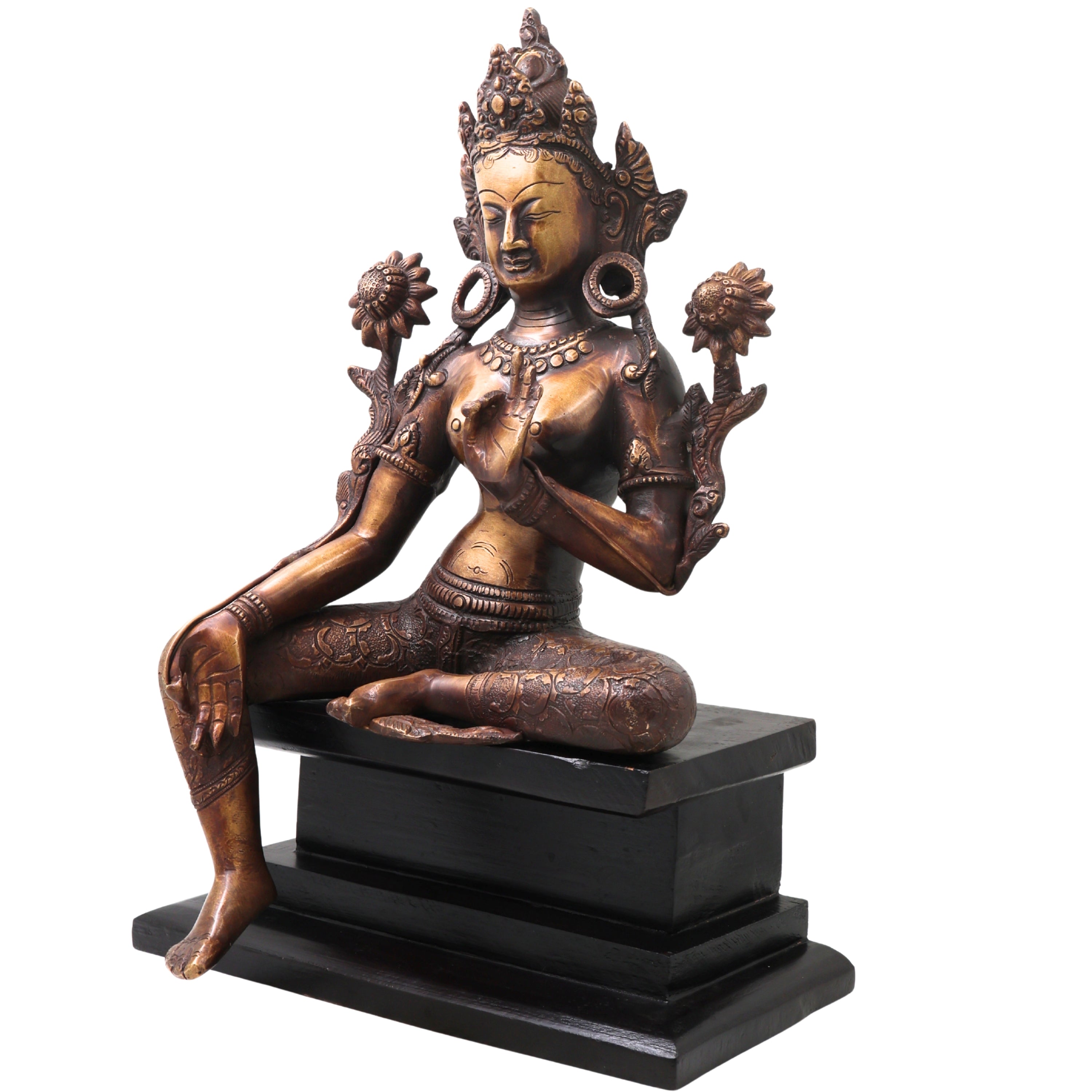 Brass Tara Devi Idol on Wooden Stand, Mahavidya Goddess Murti for Pooja, Decor, Gifting, Handcrafted Chola Art, Gold, 17 Inch, 1 Piece