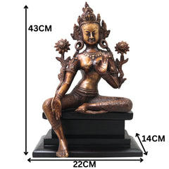 Brass Tara Devi Idol on Wooden Stand, Mahavidya Goddess Murti for Pooja, Decor, Gifting, Handcrafted Chola Art, Gold, 17 Inch, 1 Piece