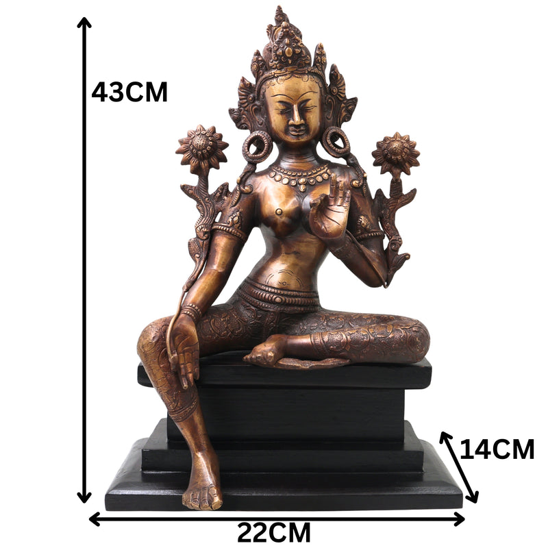 Brass Tara Devi Idol on Wooden Stand, Mahavidya Goddess Murti for Pooja, Decor, Gifting, Handcrafted Chola Art, Gold, 17 Inch, 1 Piece