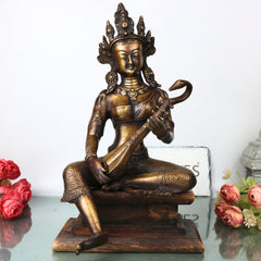 Brass Saraswati Idol with Wooden Stand Handcrafted Vagdevi Sharada Murti for Pooja, Decor & Gifting, Gold, 14 Inch, 1 Piece