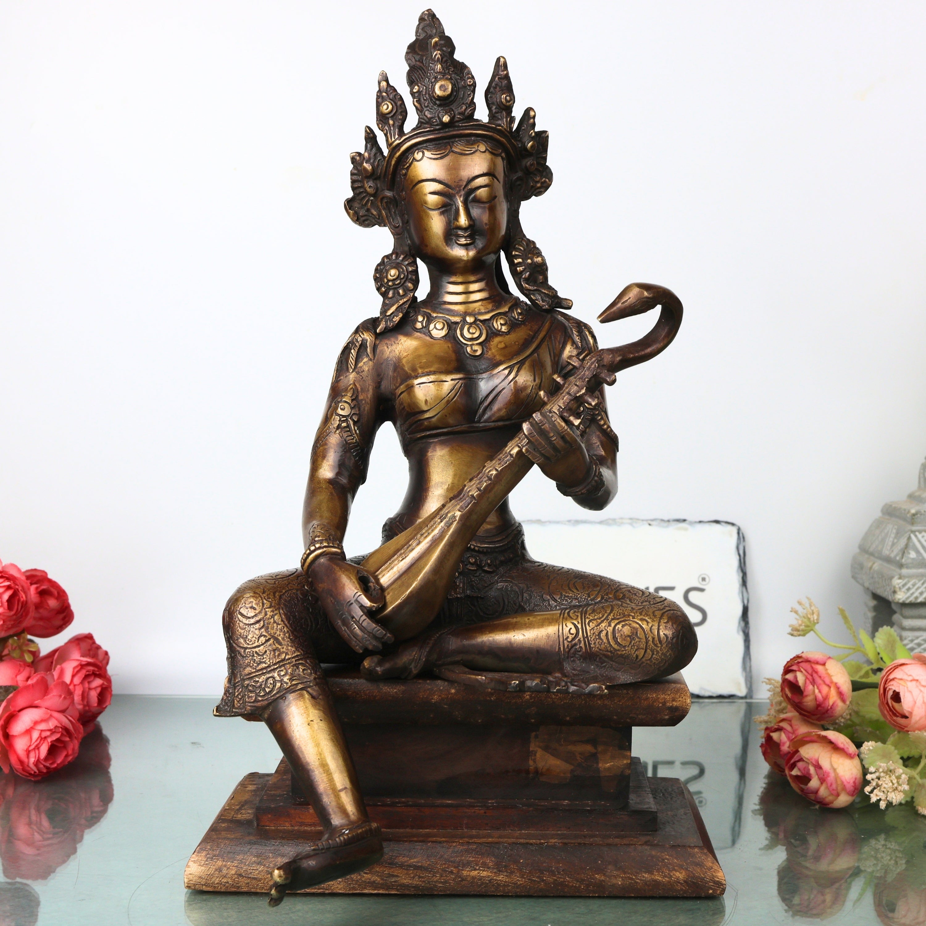 Brass Saraswati Idol with Wooden Stand Handcrafted Vagdevi Sharada Murti for Pooja, Decor & Gifting, Gold, 14 Inch, 1 Piece