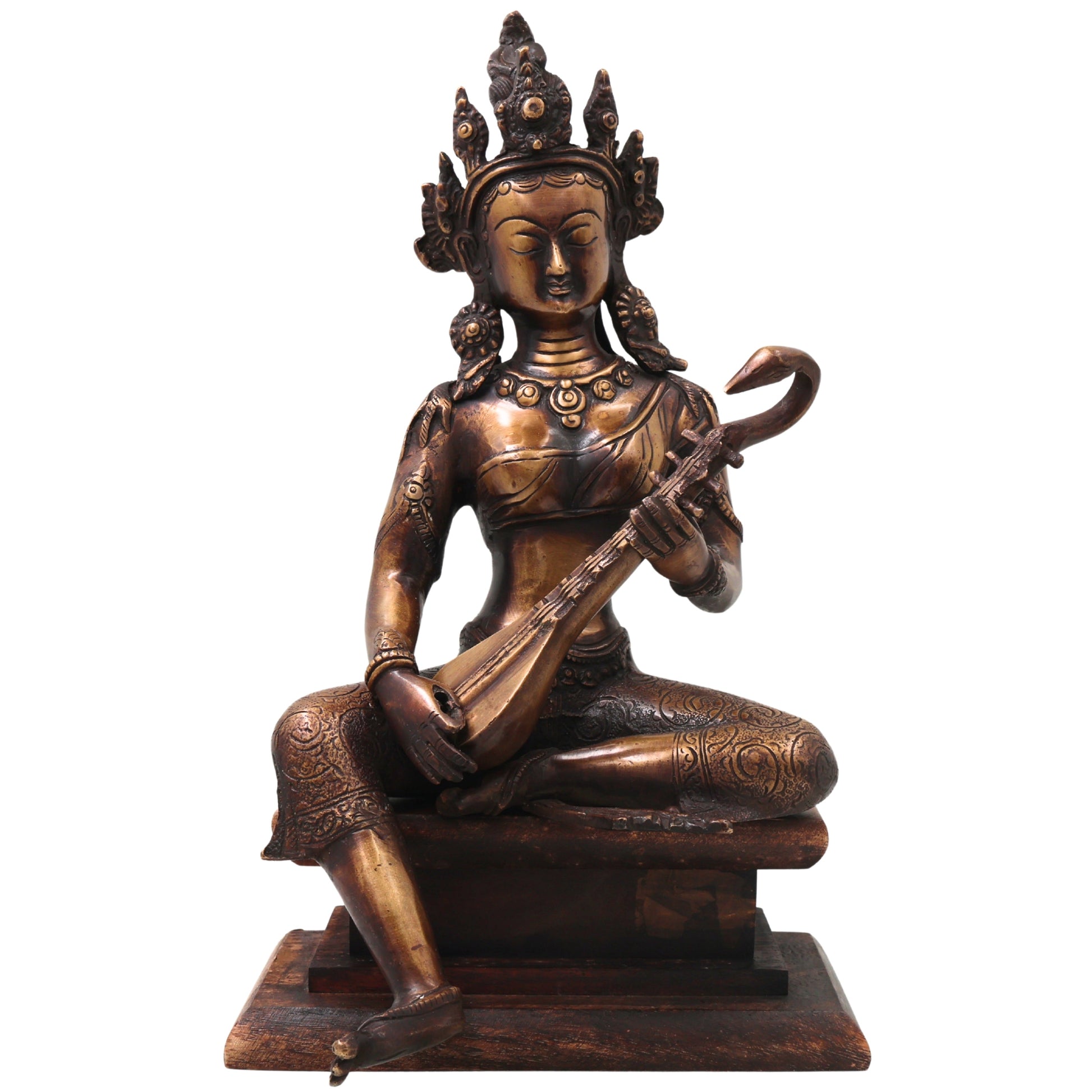 Brass Saraswati Idol with Wooden Stand Handcrafted Vagdevi Sharada Murti for Pooja, Decor & Gifting, Gold, 14 Inch, 1 Piece