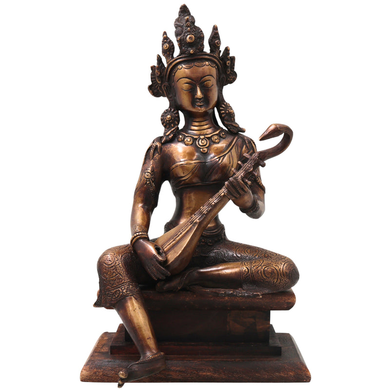 Brass Saraswati Idol with Wooden Stand Handcrafted Vagdevi Sharada Murti for Pooja, Decor & Gifting, Gold, 14 Inch, 1 Piece