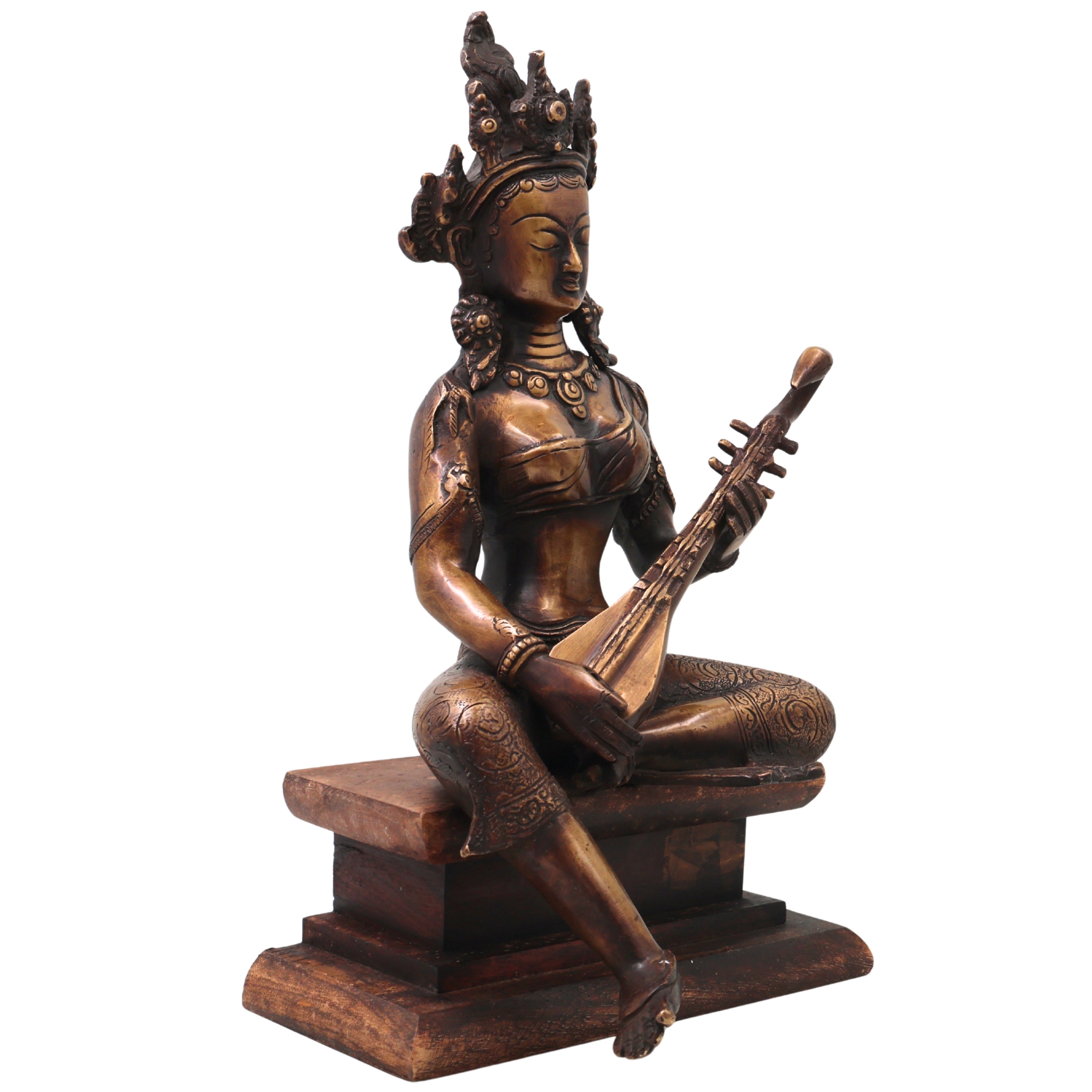 Brass Saraswati Idol with Wooden Stand Handcrafted Vagdevi Sharada Murti for Pooja, Decor & Gifting, Gold, 14 Inch, 1 Piece