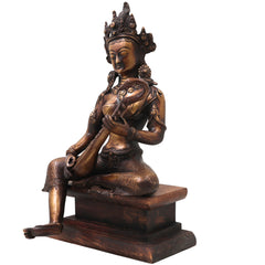 Brass Saraswati Idol with Wooden Stand Handcrafted Vagdevi Sharada Murti for Pooja, Decor & Gifting, Gold, 14 Inch, 1 Piece