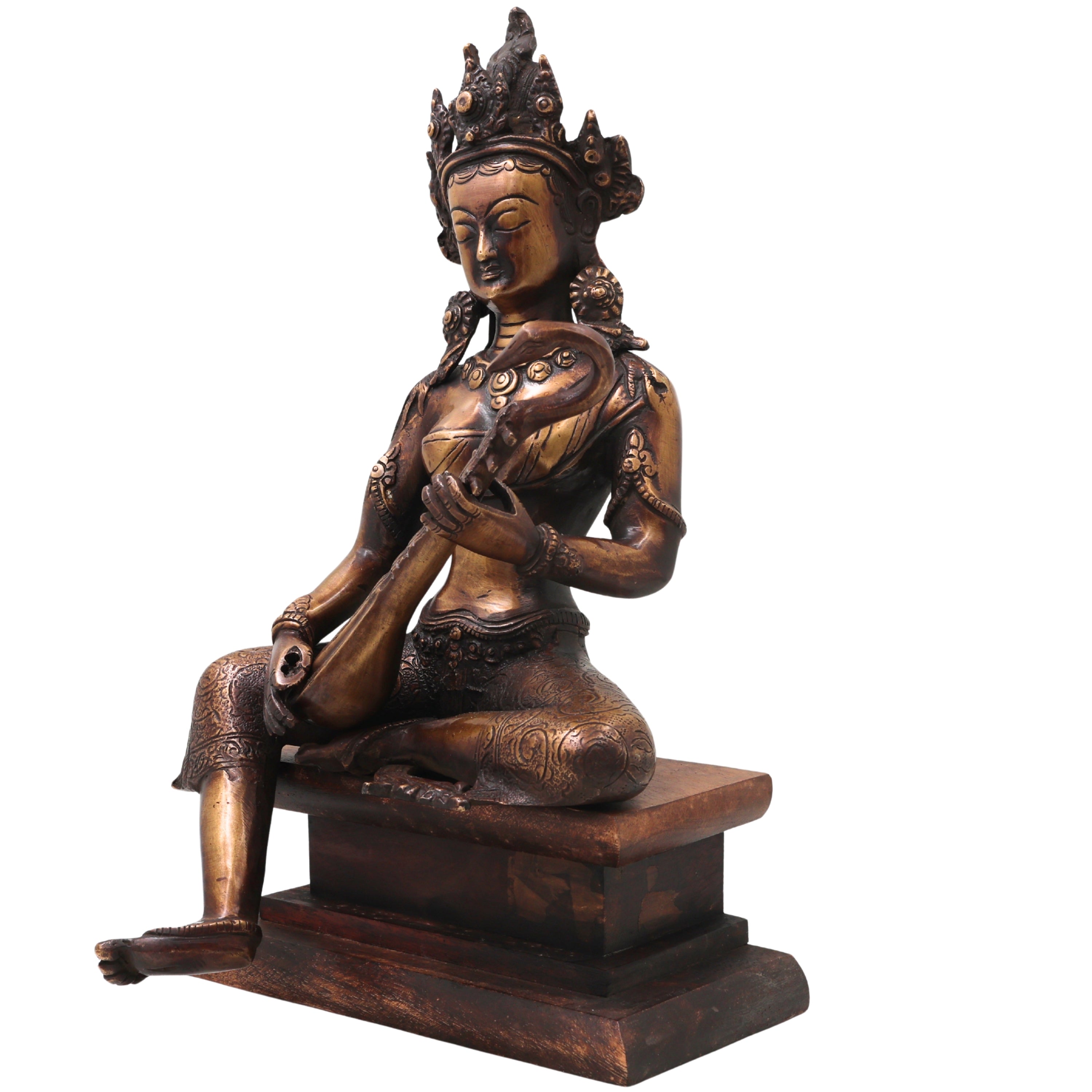 Brass Saraswati Idol with Wooden Stand Handcrafted Vagdevi Sharada Murti for Pooja, Decor & Gifting, Gold, 14 Inch, 1 Piece