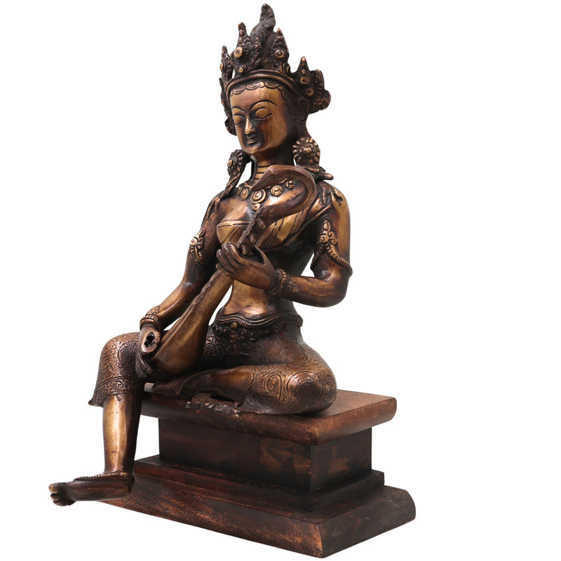 Brass Saraswati Idol with Wooden Stand Handcrafted Vagdevi Sharada Murti for Pooja, Decor & Gifting, Gold, 14 Inch, 1 Piece