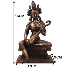 Brass Saraswati Idol with Wooden Stand Handcrafted Vagdevi Sharada Murti for Pooja, Decor & Gifting, Gold, 14 Inch, 1 Piece
