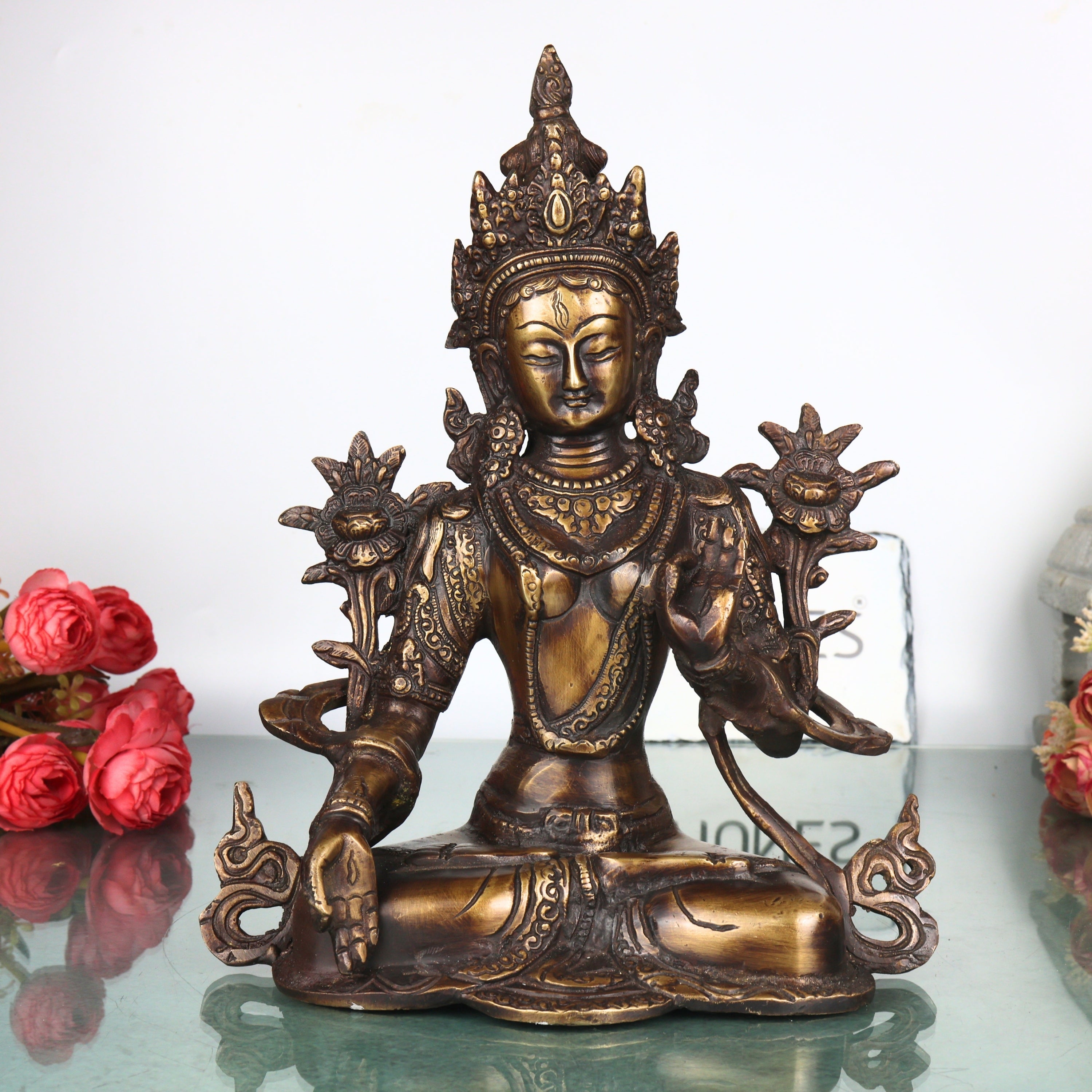 Brass White Tara Idol Handcrafted Arya Tara Goddess Murti Traditional Chola Statue for Pooja Decor & Gifting, Gold, 11 Inch, 1 Piece