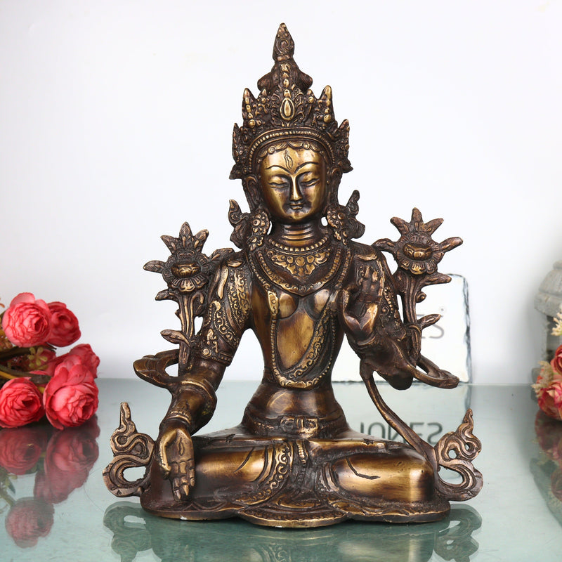 Brass White Tara Idol Handcrafted Arya Tara Goddess Murti Traditional Chola Statue for Pooja Decor & Gifting, Gold, 11 Inch, 1 Piece