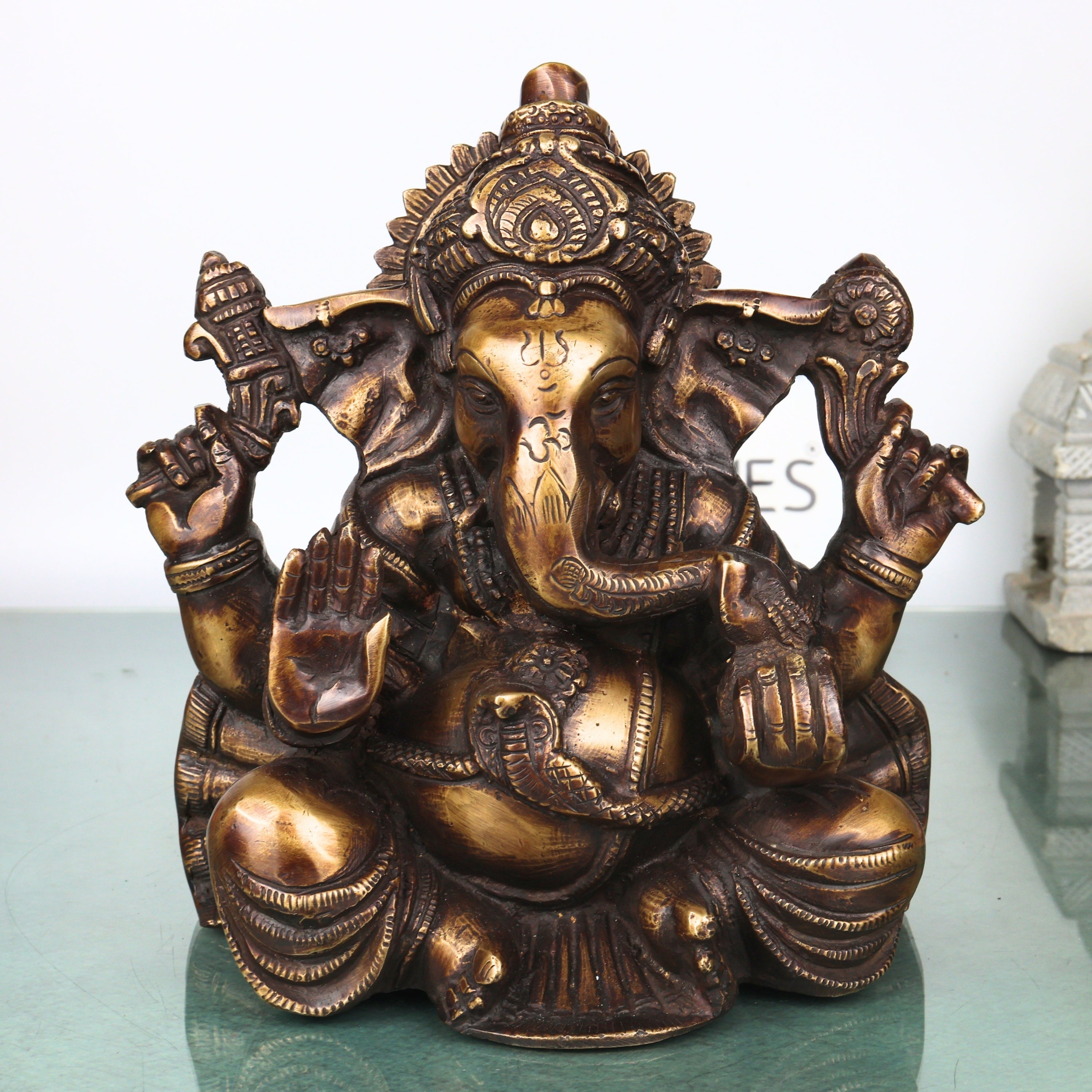 Brass Ganesh Idol Handcrafted Ganapati Vinayaka Murti Traditional Chola Style for Pooja Home Decor & Gifting, Gold, 10 Inch, 1 Piece
