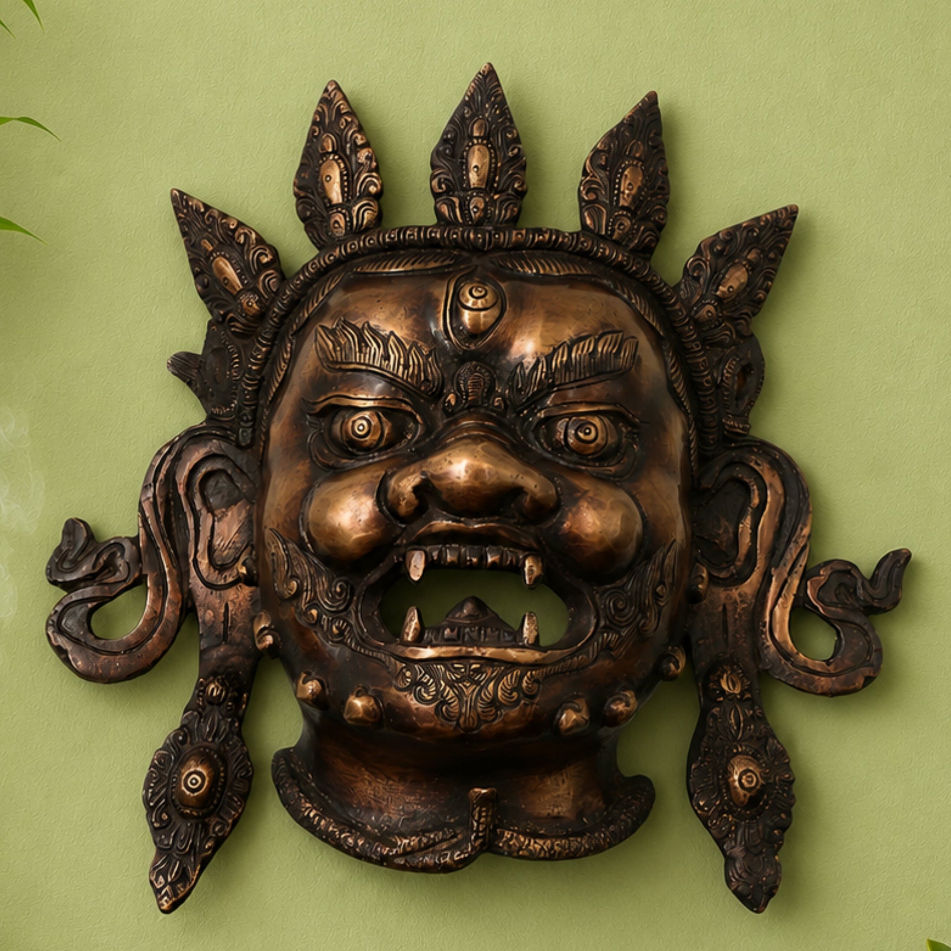 Handcrafted Brass Kala Bhairava Face Mask Wall Hanging for Pooja, Vastu, Temple Decor & Spiritual Gifting, Gold, 10.5 Inch, 1 Piece