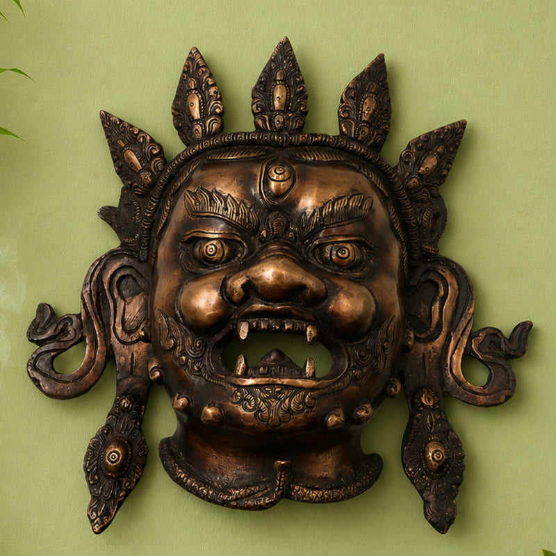 Handcrafted Brass Kala Bhairava Face Mask Wall Hanging for Pooja, Vastu, Temple Decor & Spiritual Gifting, Gold, 10.5 Inch, 1 Piece