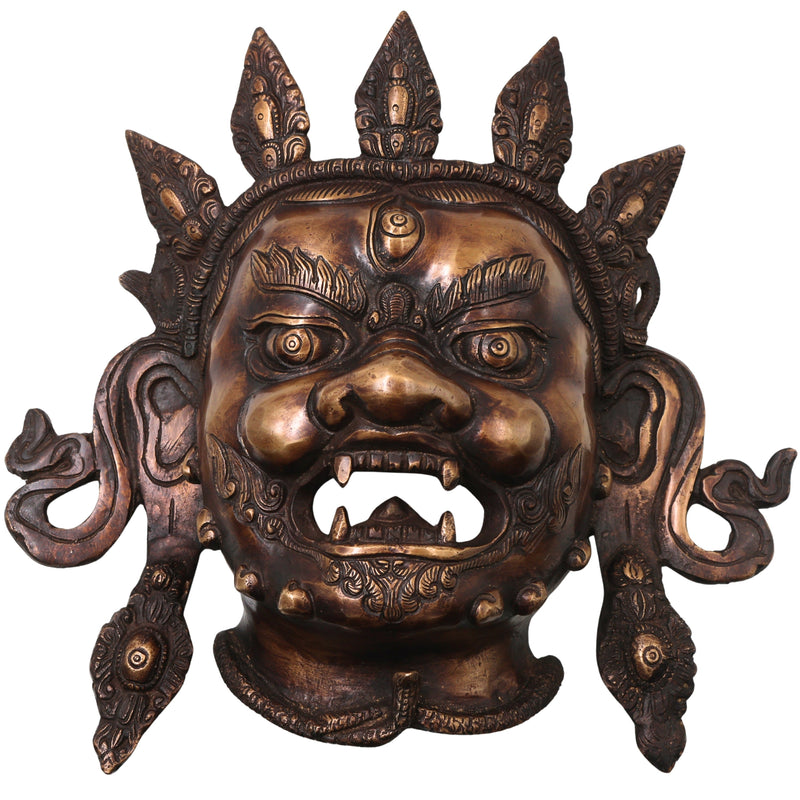 Handcrafted Brass Kala Bhairava Face Mask Wall Hanging for Pooja, Vastu, Temple Decor & Spiritual Gifting, Gold, 10.5 Inch, 1 Piece