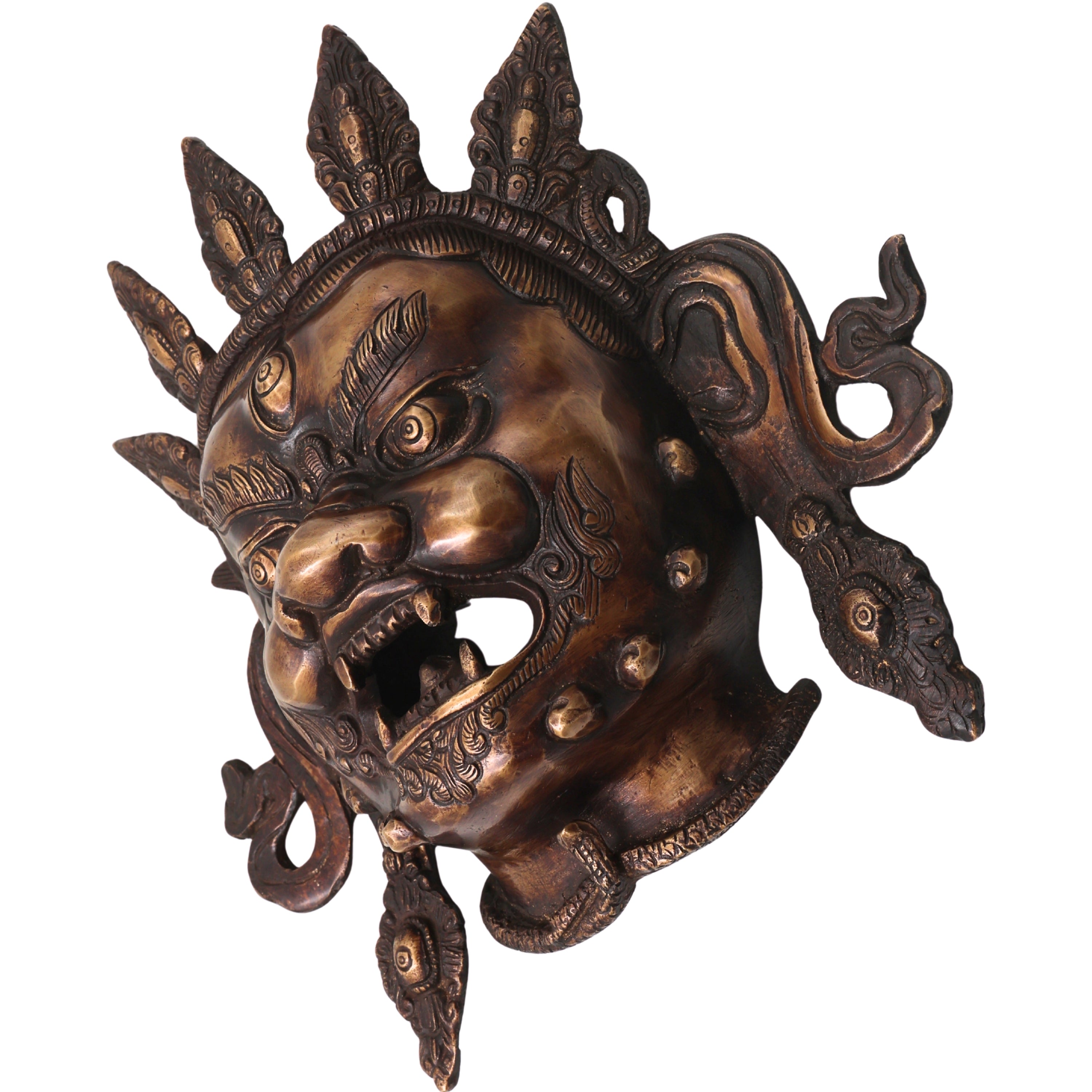 Handcrafted Brass Kala Bhairava Face Mask Wall Hanging for Pooja, Vastu, Temple Decor & Spiritual Gifting, Gold, 10.5 Inch, 1 Piece