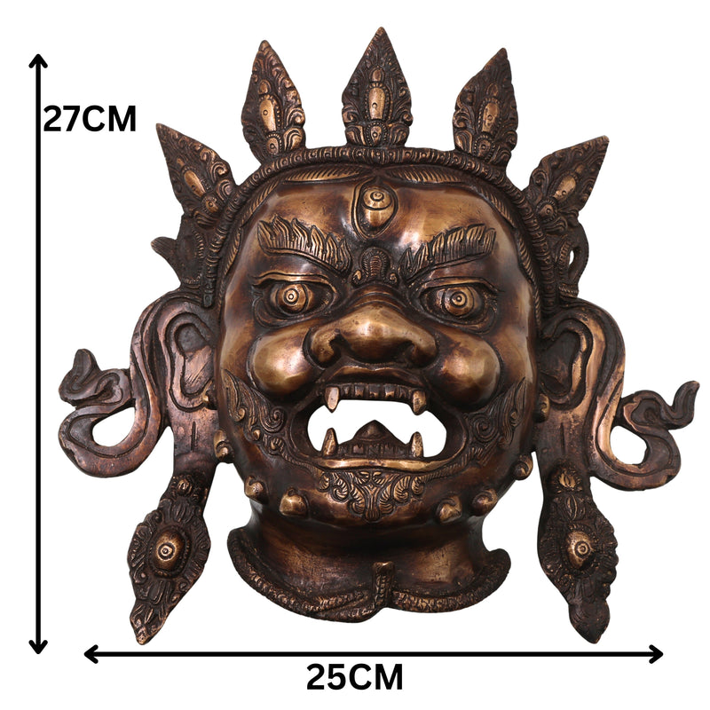 Handcrafted Brass Kala Bhairava Face Mask Wall Hanging for Pooja, Vastu, Temple Decor & Spiritual Gifting, Gold, 10.5 Inch, 1 Piece