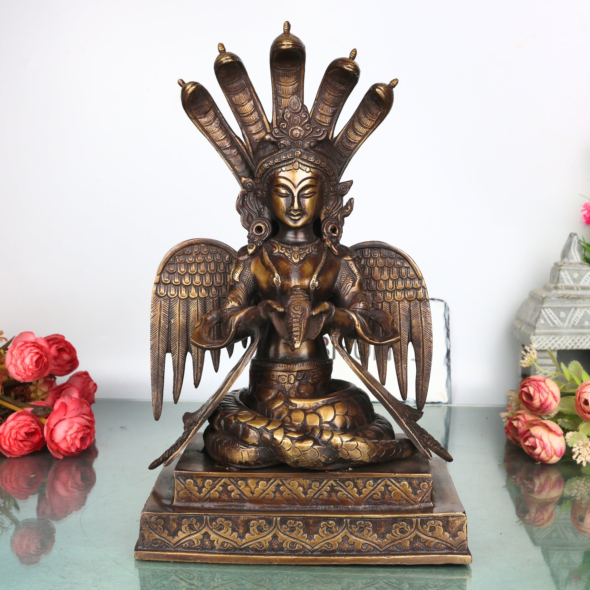 Brass Nagkanya Idol Handcrafted Nagini Naga Devi Murti Traditional Chola Style Pooja Home Decor Gift Statue, Gold, 12.5 Inch, 1 Piece