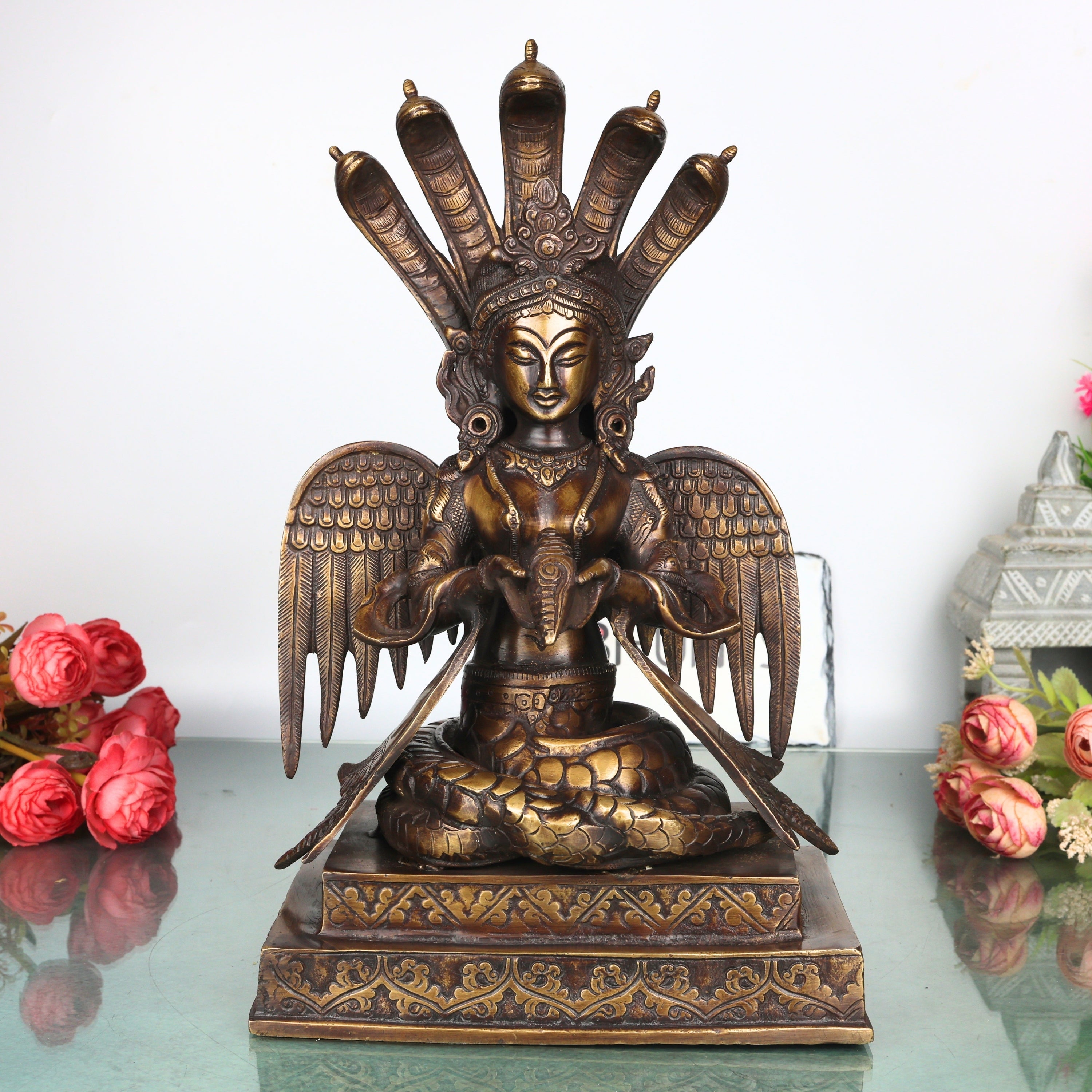 Brass Nagkanya Idol Handcrafted Nagini Naga Devi Murti Traditional Chola Style Pooja Home Decor Gift Statue, Gold, 12.5 Inch, 1 Piece