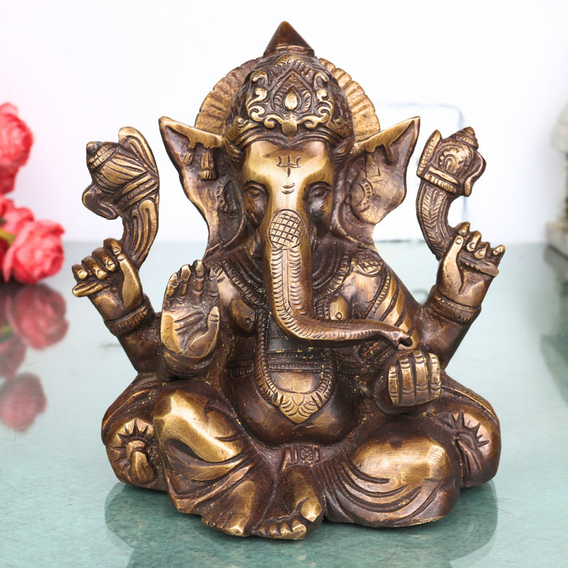 Brass Ganesh Idol Ganapati Vinayaka Murti Handcrafted Traditional Chola Style for Pooja Home Decor & Gifting, Gold, 6.5 Inch, 1 Piece