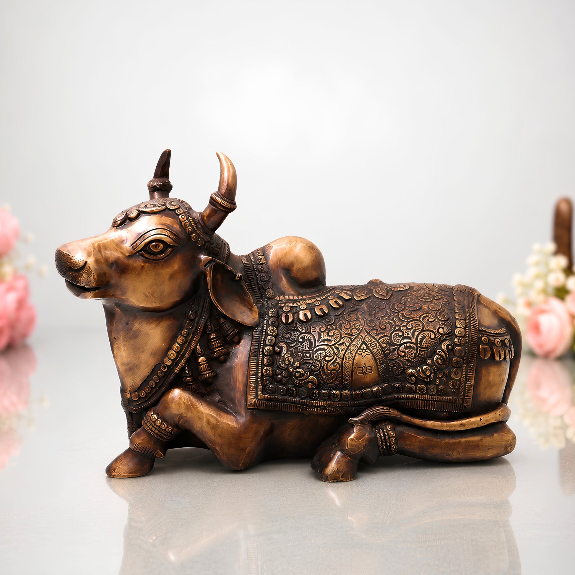 Brass Nandi Idol Handcrafted Nandikeshwara Vrishabha Murti for Pooja, Home Decor, Gifting Traditional Chola Art, Gold, 9.5 Inch, 1 Piece