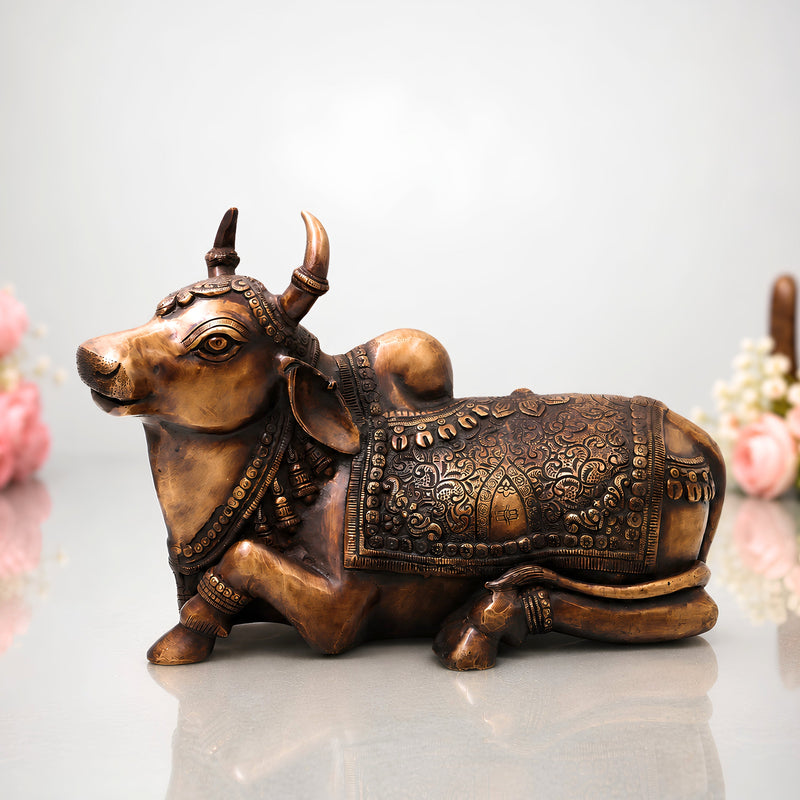Brass Nandi Idol Handcrafted Nandikeshwara Vrishabha Murti for Pooja, Home Decor, Gifting Traditional Chola Art, Gold, 9.5 Inch, 1 Piece