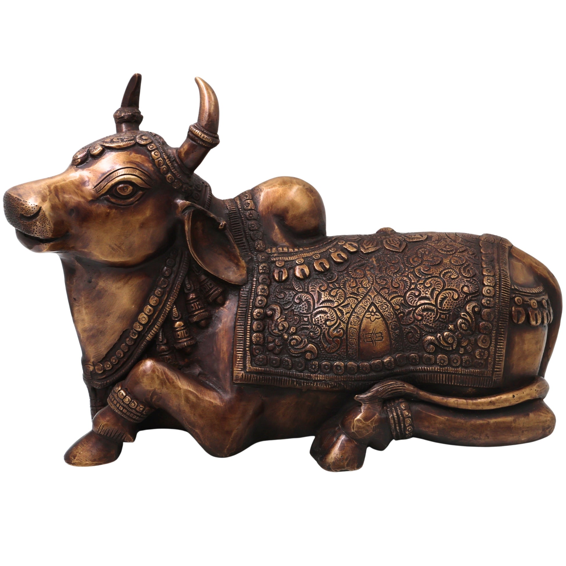 Brass Nandi Idol Handcrafted Nandikeshwara Vrishabha Murti for Pooja, Home Decor, Gifting Traditional Chola Art, Gold, 9.5 Inch, 1 Piece