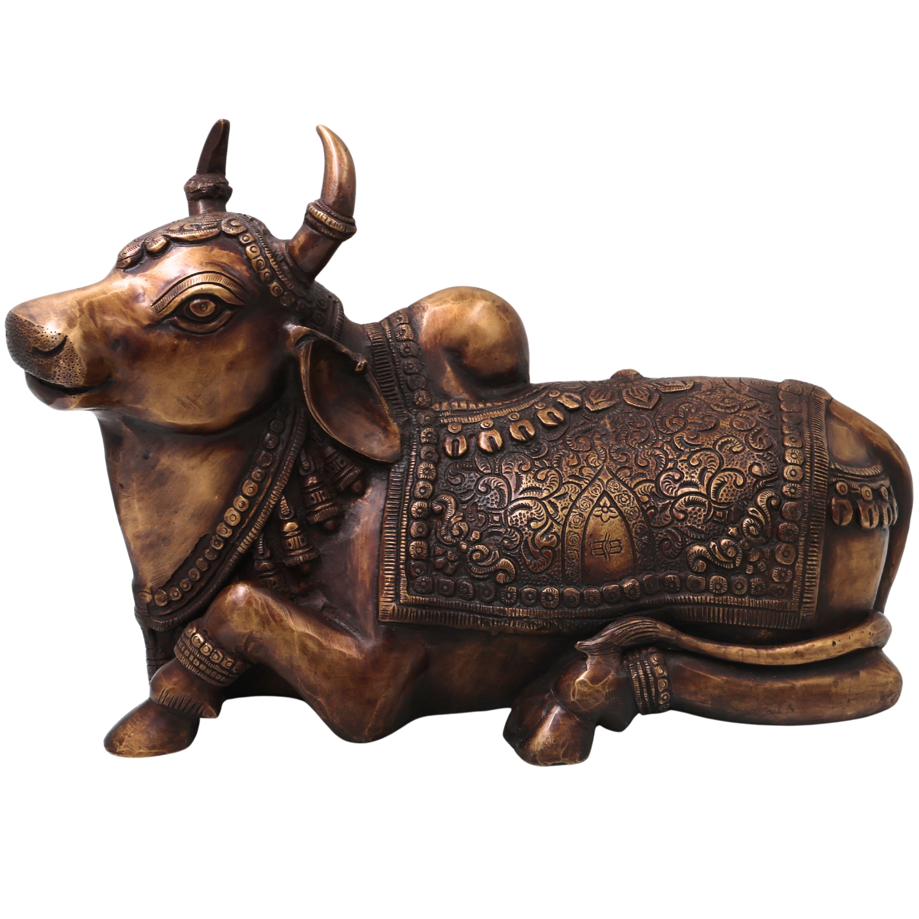 Brass Nandi Idol Handcrafted Nandikeshwara Vrishabha Murti for Pooja, Home Decor, Gifting Traditional Chola Art, Gold, 9.5 Inch, 1 Piece