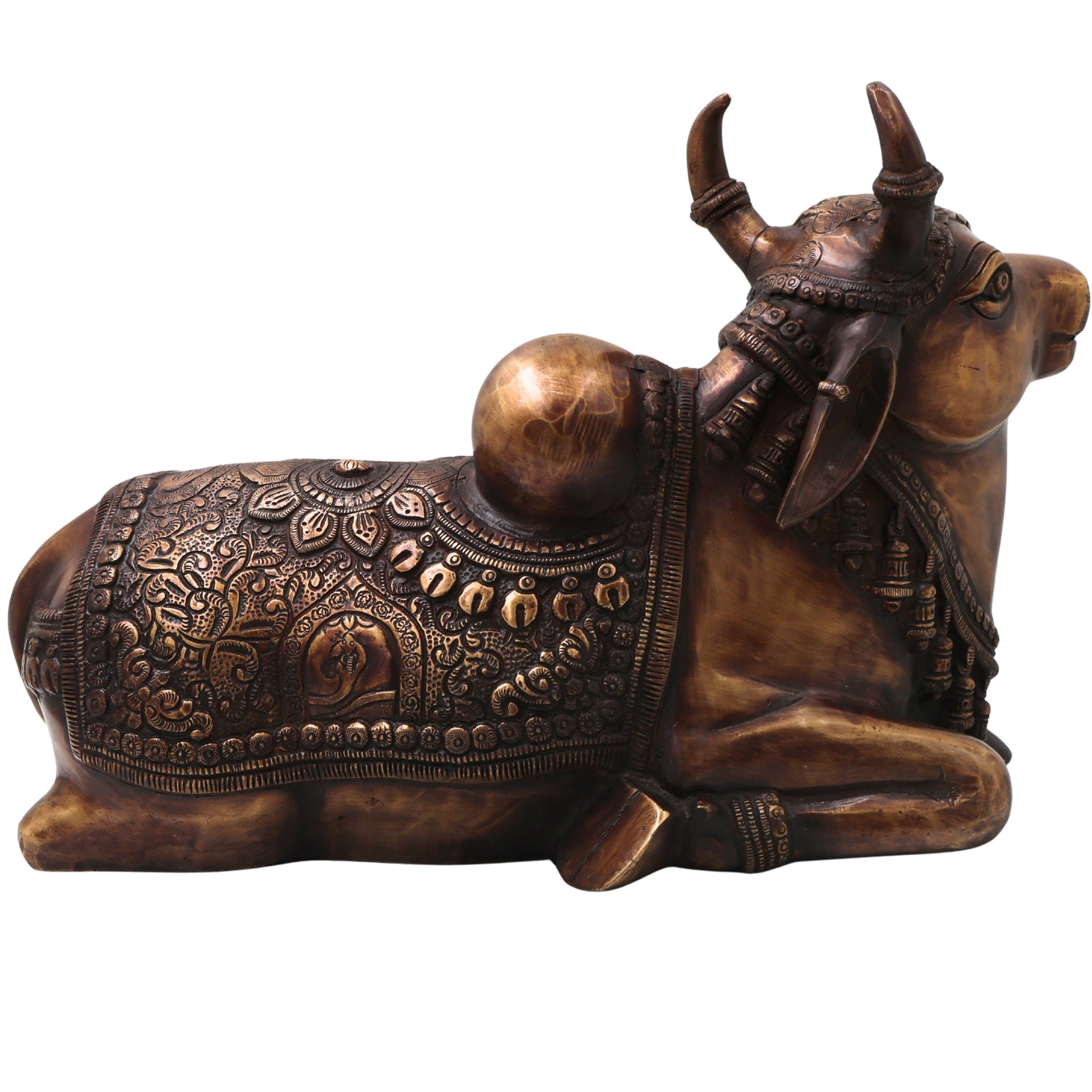Brass Nandi Idol Handcrafted Nandikeshwara Vrishabha Murti for Pooja, Home Decor, Gifting Traditional Chola Art, Gold, 9.5 Inch, 1 Piece