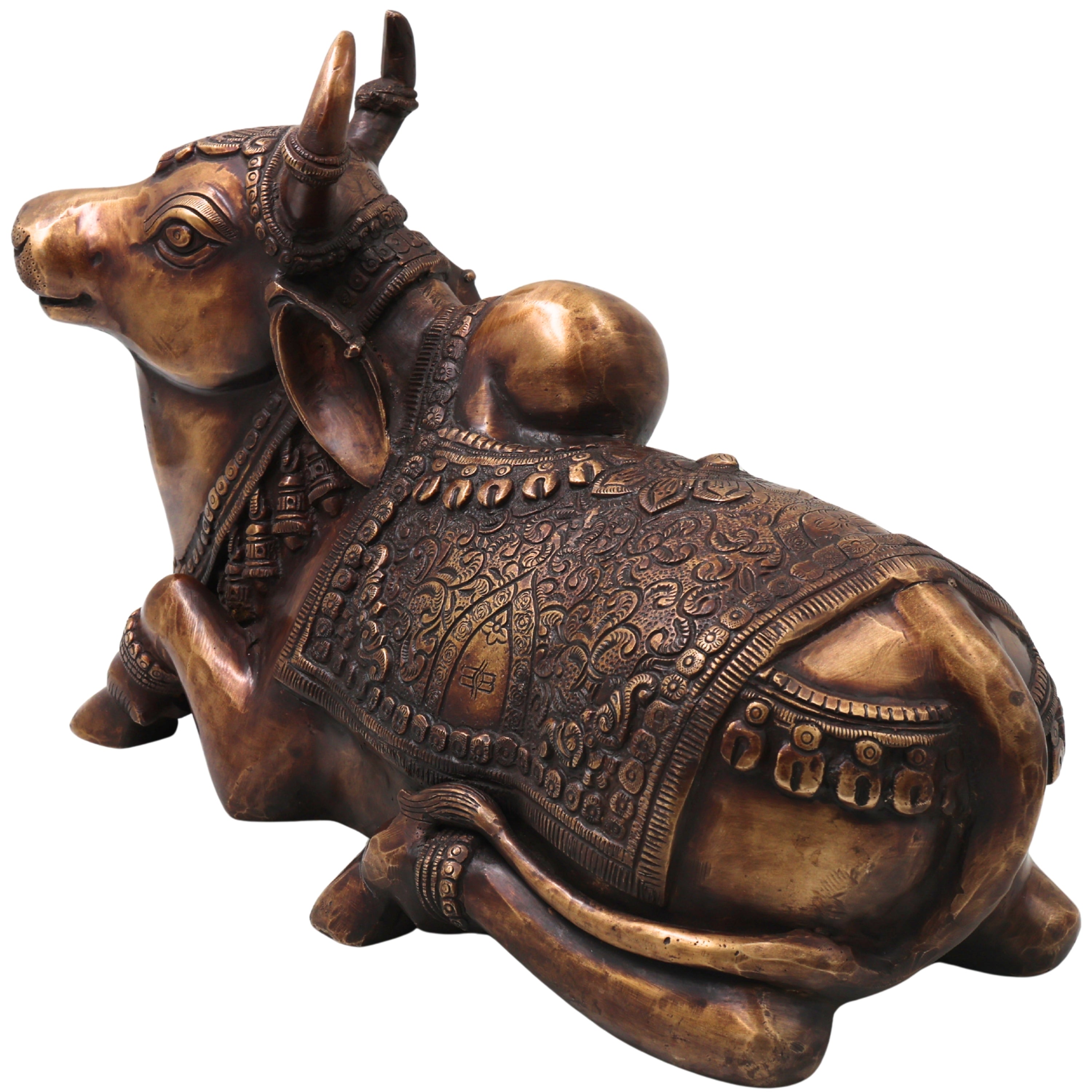 Brass Nandi Idol Handcrafted Nandikeshwara Vrishabha Murti for Pooja, Home Decor, Gifting Traditional Chola Art, Gold, 9.5 Inch, 1 Piece