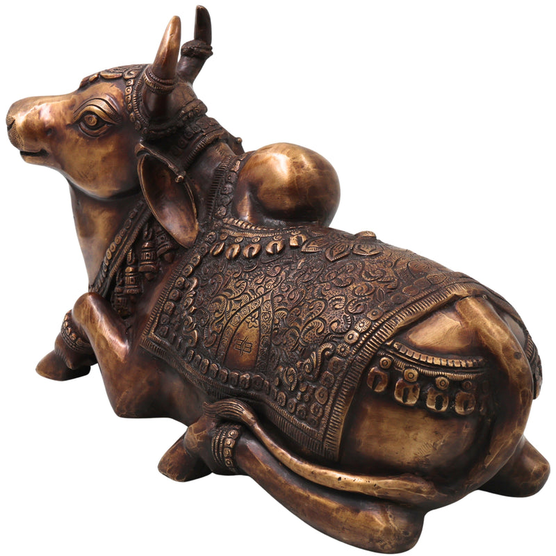 Brass Nandi Idol Handcrafted Nandikeshwara Vrishabha Murti for Pooja, Home Decor, Gifting Traditional Chola Art, Gold, 9.5 Inch, 1 Piece