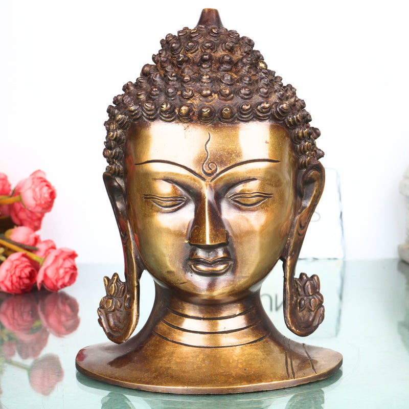 Brass Buddha Head Idol Statue, Handcrafted Gautama Buddha Face Sculpture for Home Decor, Pooja, Vastu & Gifting, Gold, 9.5 Inch, 1 Piece