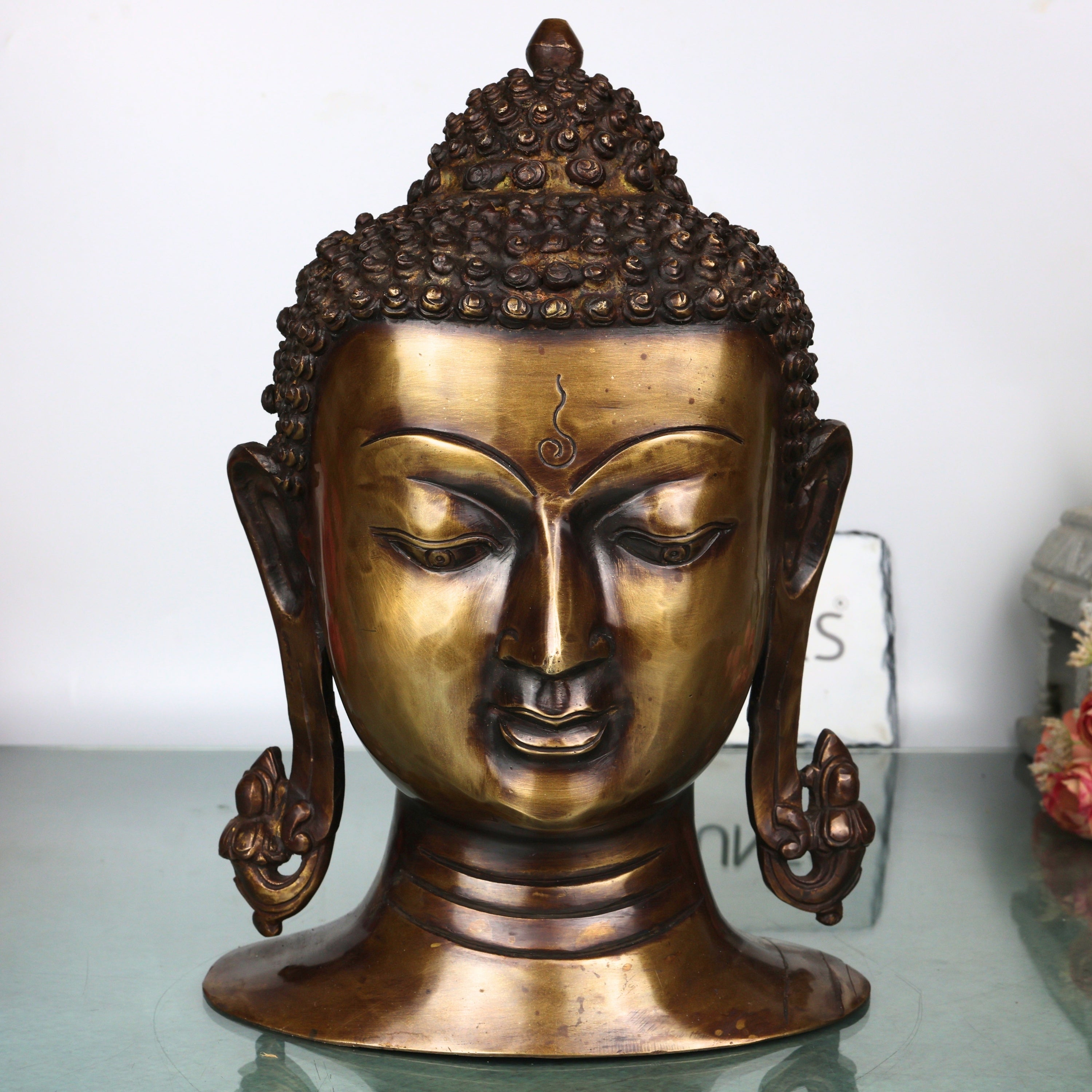 Brass Buddha Head Statue, Handcrafted Gautama Buddha Murti Traditional Spiritual Home Decor & Gifting Idol, Gold, 12 Inch, 1 Piece