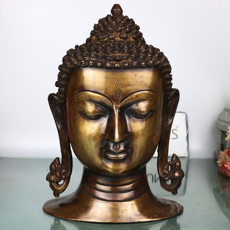 Brass Buddha Head Statue, Handcrafted Gautama Buddha Murti Traditional Spiritual Home Decor & Gifting Idol, Gold, 12 Inch, 1 Piece