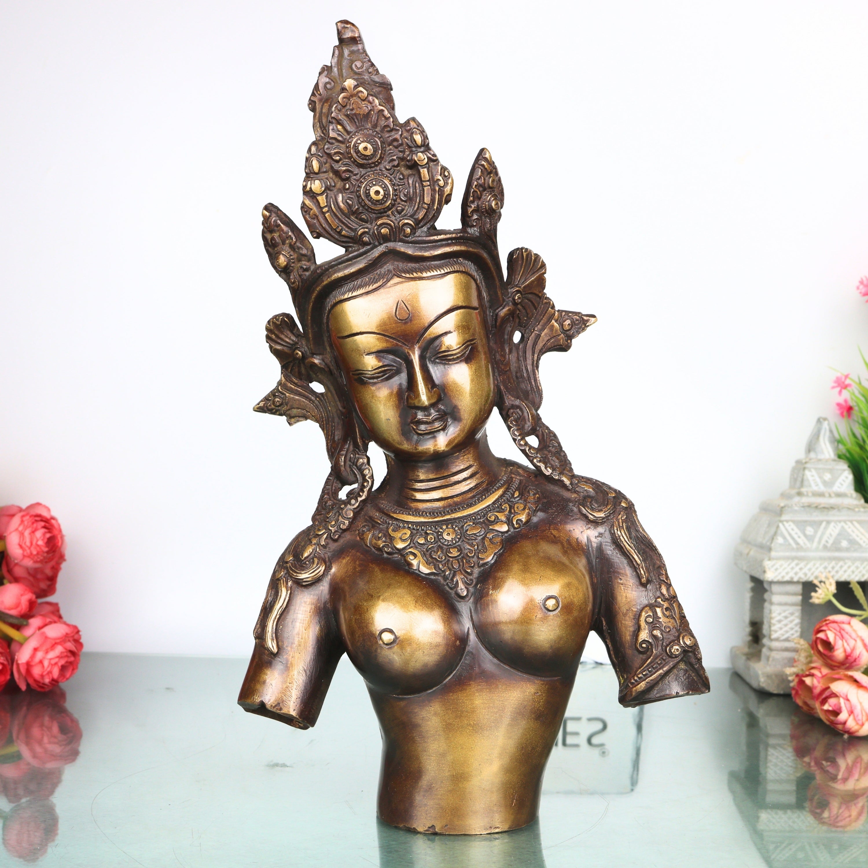 Brass Tara Devi Sculpture, Handcrafted Traditional Chola Style Goddess Idol for Pooja, Home Decor & Gifting, Gold, 14 Inch, 1 Piece