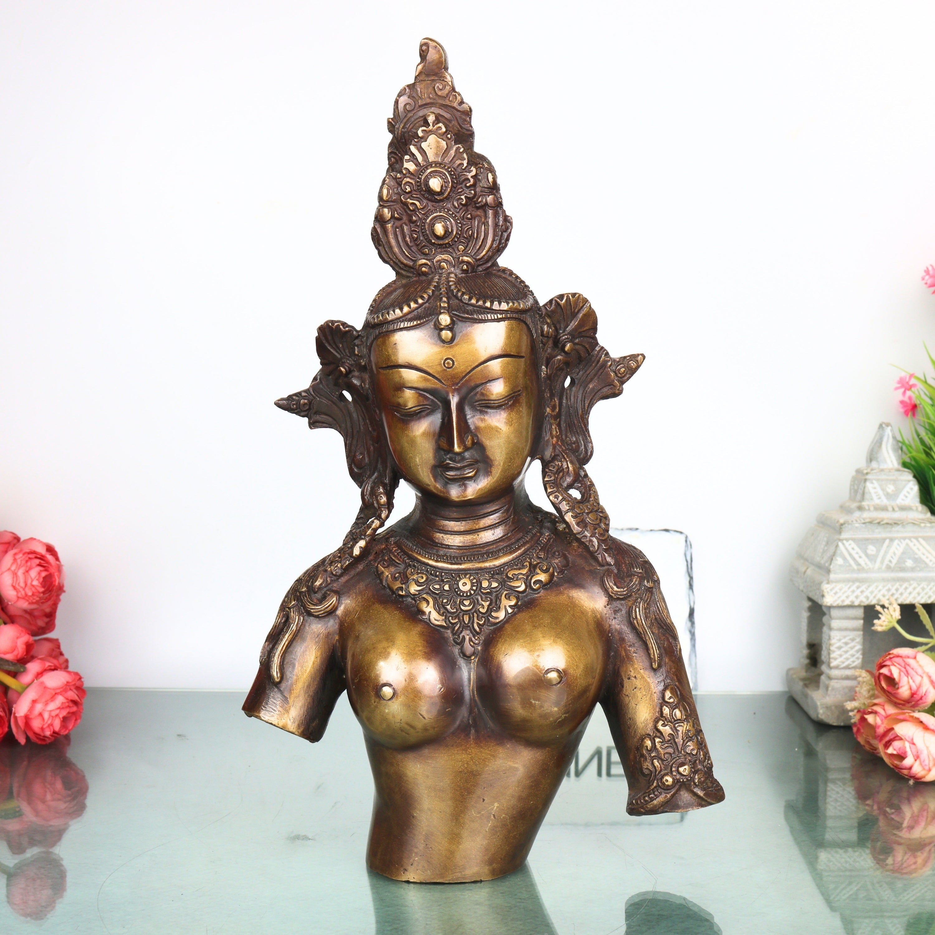 Brass Half Tara Sculpture,Handcrafted  Tara Devi Idol Traditional Chola Art for Pooja, Home Decor & Gifting, Gold, 14 Inch, 1 Piece