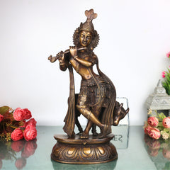 Brass Gopala Krishna with Cow Statue, Handcrafted Traditional Chola Style Idol for Pooja Home Decor & Gifting, Gold, 14 Inch, 1 Piece