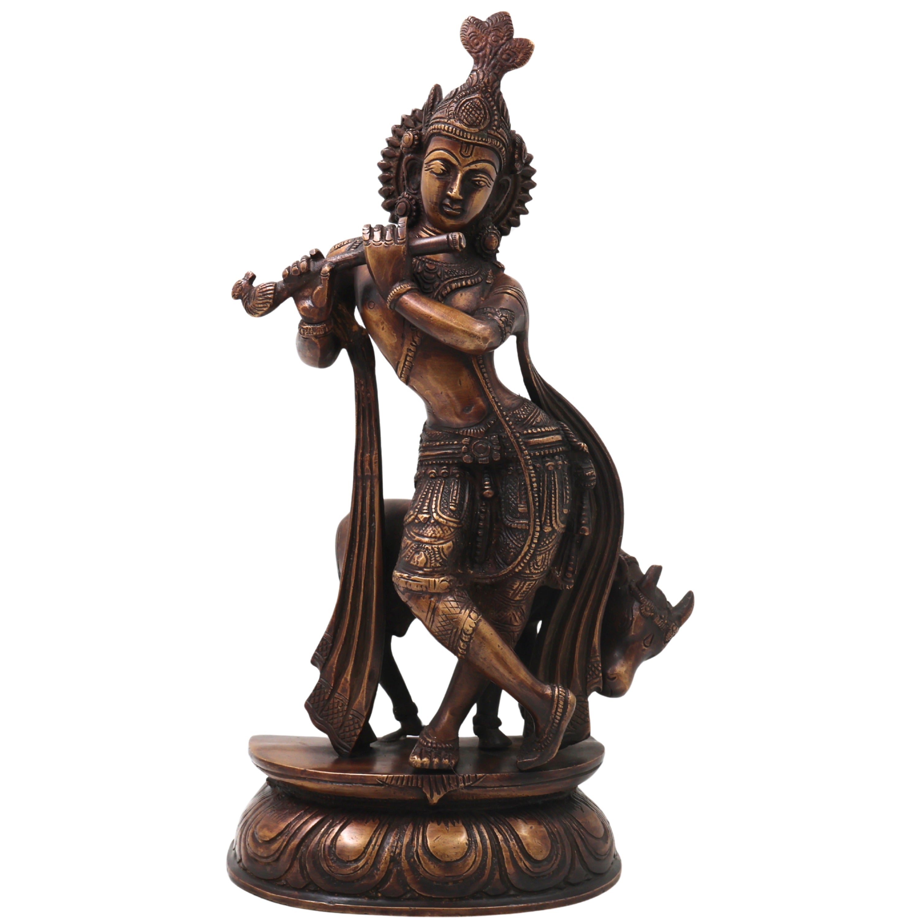Brass Gopala Krishna with Cow Statue, Handcrafted Traditional Chola Style Idol for Pooja Home Decor & Gifting, Gold, 14 Inch, 1 Piece