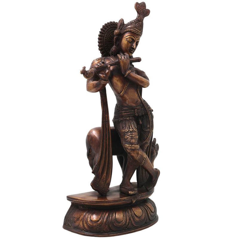 Brass Gopala Krishna with Cow Statue, Handcrafted Traditional Chola Style Idol for Pooja Home Decor & Gifting, Gold, 14 Inch, 1 Piece