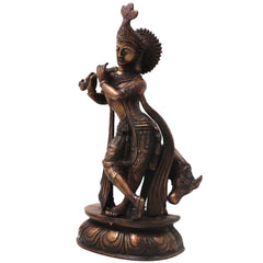 Brass Gopala Krishna with Cow Statue, Handcrafted Traditional Chola Style Idol for Pooja Home Decor & Gifting, Gold, 14 Inch, 1 Piece