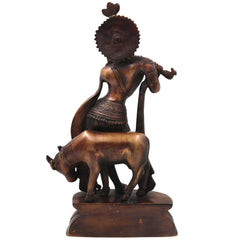 Brass Gopala Krishna with Cow Statue, Handcrafted Traditional Chola Style Idol for Pooja Home Decor & Gifting, Gold, 14 Inch, 1 Piece