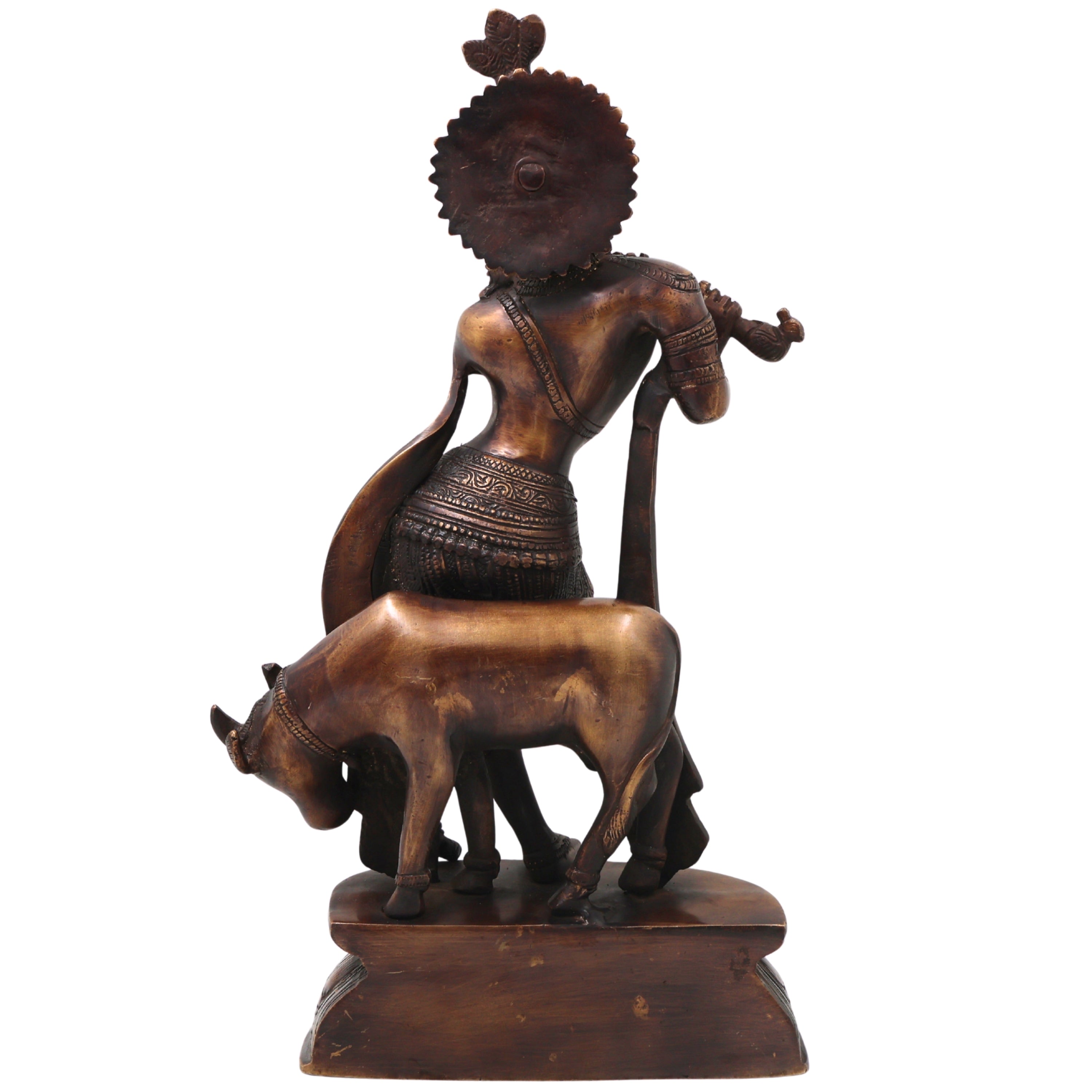 Brass Gopala Krishna with Cow Statue, Handcrafted Traditional Chola Style Idol for Pooja Home Decor & Gifting, Gold, 14 Inch, 1 Piece