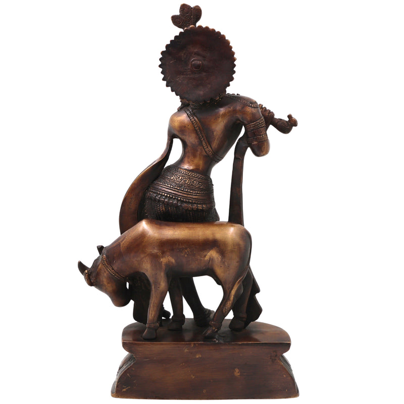 Brass Gopala Krishna with Cow Statue, Handcrafted Traditional Chola Style Idol for Pooja Home Decor & Gifting, Gold, 14 Inch, 1 Piece