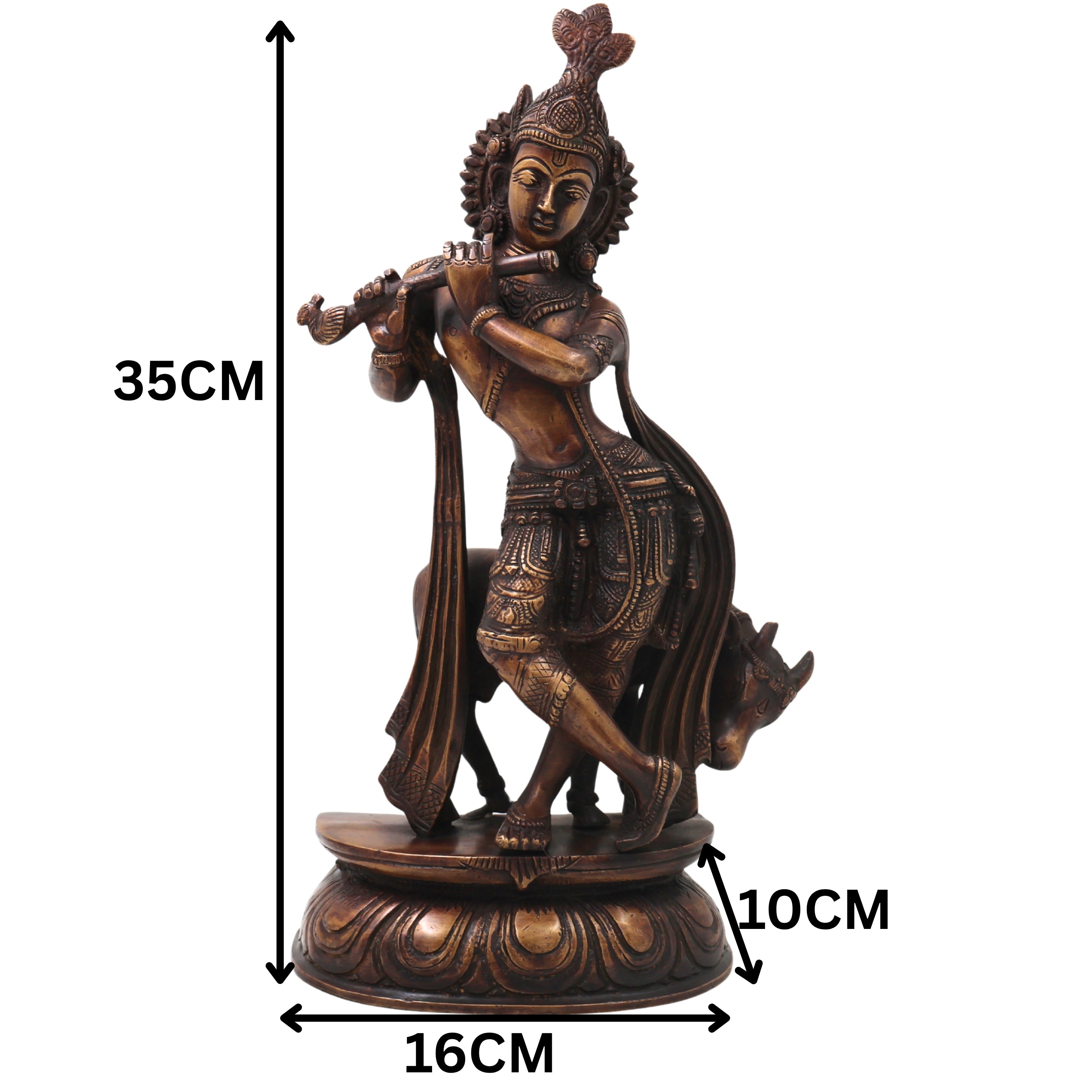 Brass Gopala Krishna with Cow Statue, Handcrafted Traditional Chola Style Idol for Pooja Home Decor & Gifting, Gold, 14 Inch, 1 Piece