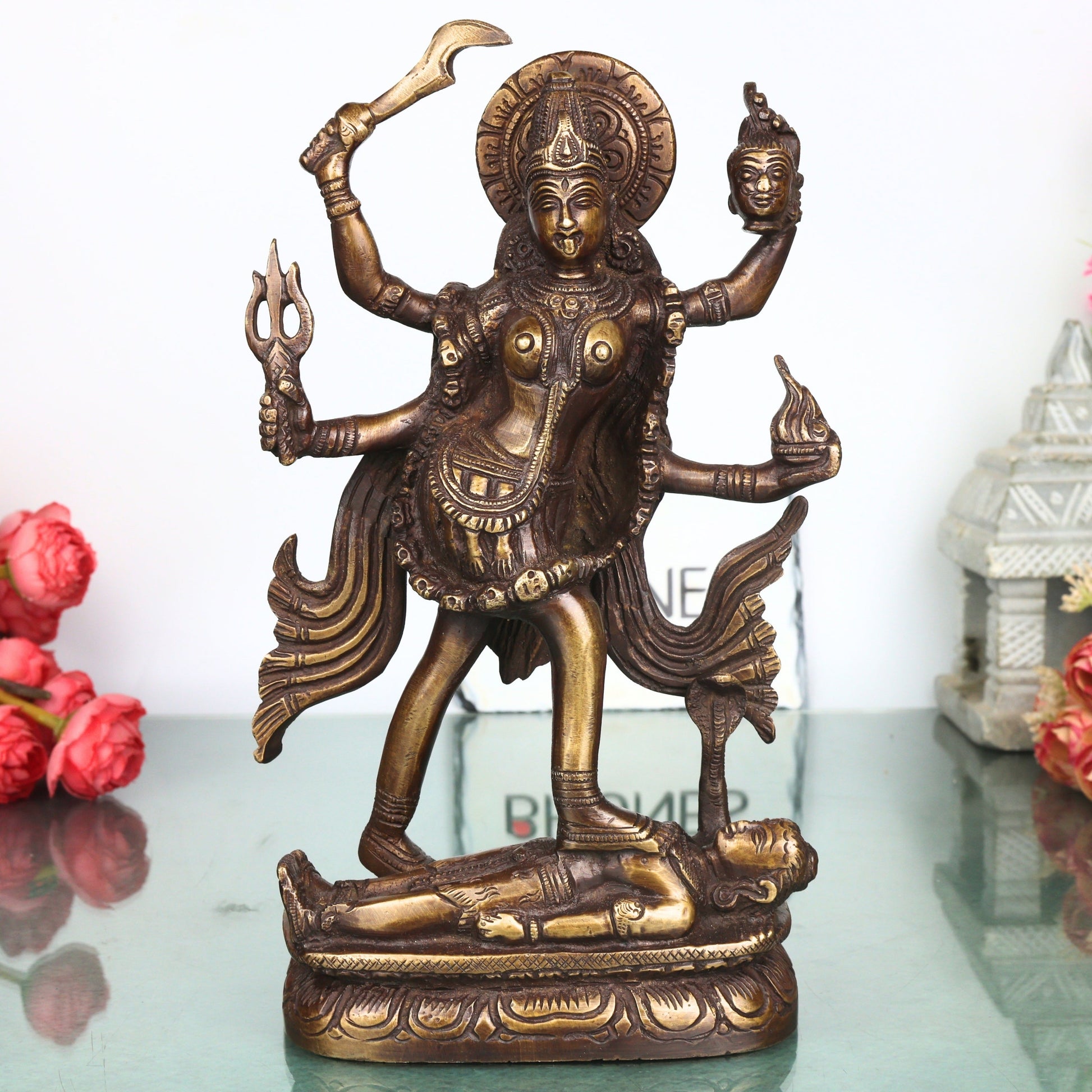 Handcrafted Brass Mahakali Idol Murti Traditional Chola Style Kali Mata Statue for Pooja Home Decor Gifting, Gold, 10 Inch, 1 Piece