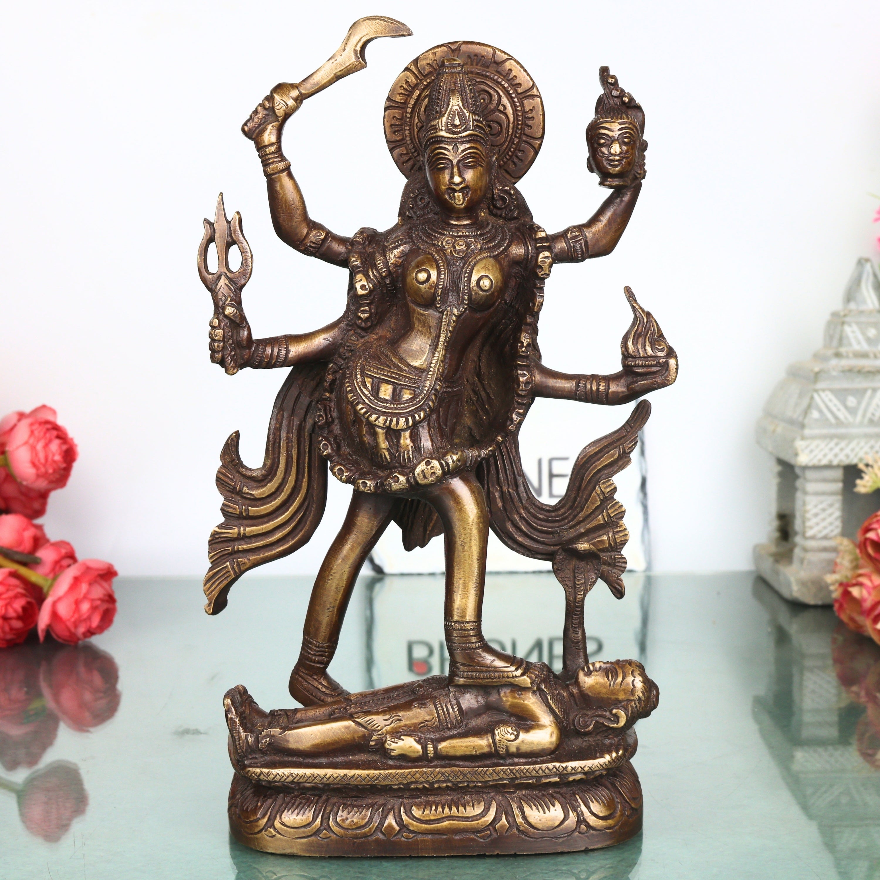 Handcrafted Brass Mahakali Idol Murti Traditional Chola Style Kali Mata Statue for Pooja Home Decor Gifting, Gold, 10 Inch, 1 Piece