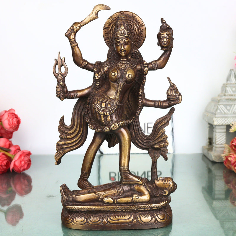 Handcrafted Brass Mahakali Idol Murti Traditional Chola Style Kali Mata Statue for Pooja Home Decor Gifting, Gold, 10 Inch, 1 Piece