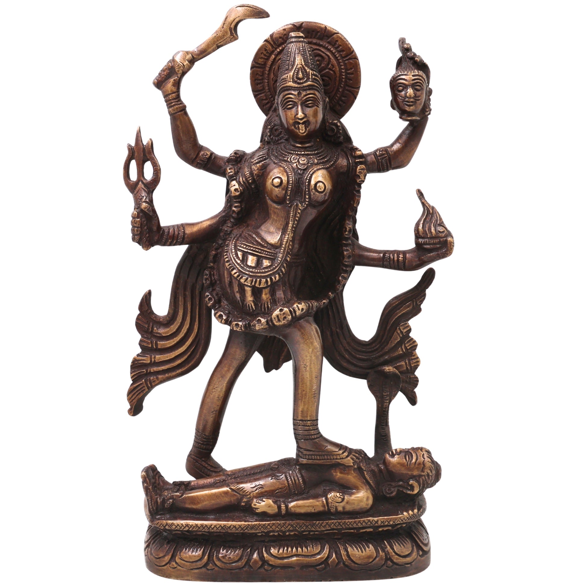 Handcrafted Brass Mahakali Idol Murti Traditional Chola Style Kali Mata Statue for Pooja Home Decor Gifting, Gold, 10 Inch, 1 Piece
